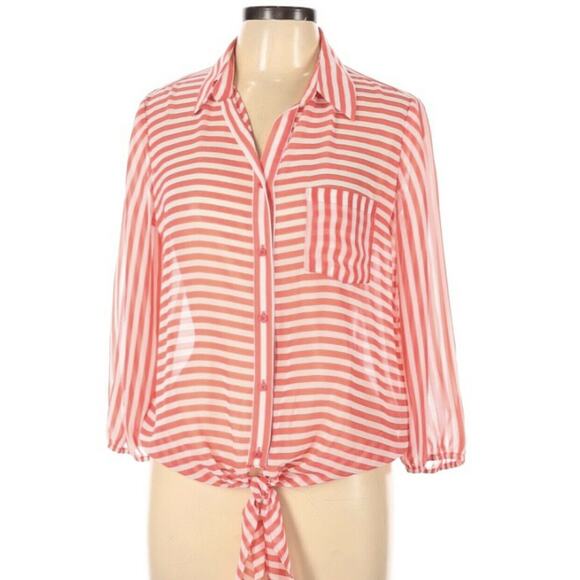 Pleione Tie Front Top Orange & White Sheer Size L - Picture 1 of 4